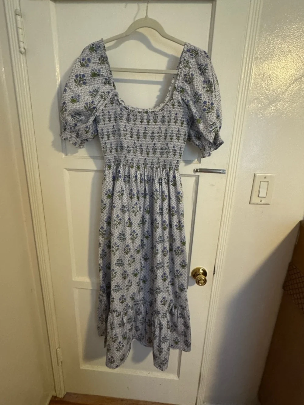 Hill House Floral Smocked Maxi Dress - White with Blue & Green - Picture 3 of 5